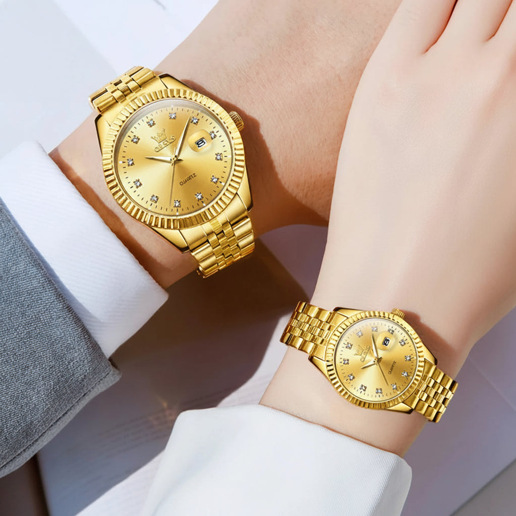 OLEVS 5526 Luxury Gold Diamond Couple Watch - OLEVS