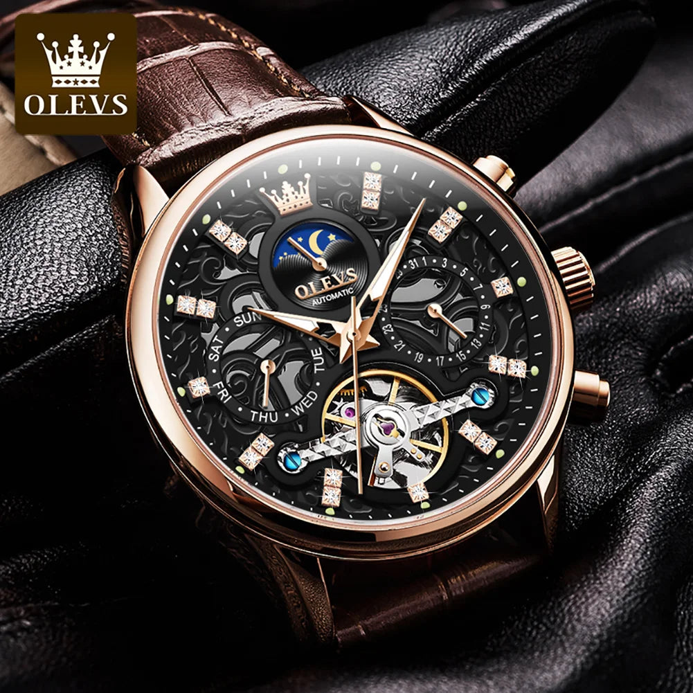 OLEVS 6658 Mens Watch Business Leather Strap Reloj  Hollow out Mechanical Automatic Wristwatch Waterproof Luminous Watch For Man OLEVS Official Watch Store