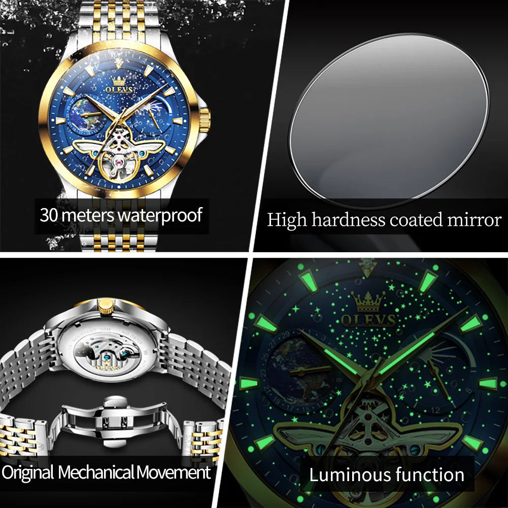 OLEVS 6705 Luminous Fully Sky Dial Moon Phase Display Automatic Watch - OLEVS