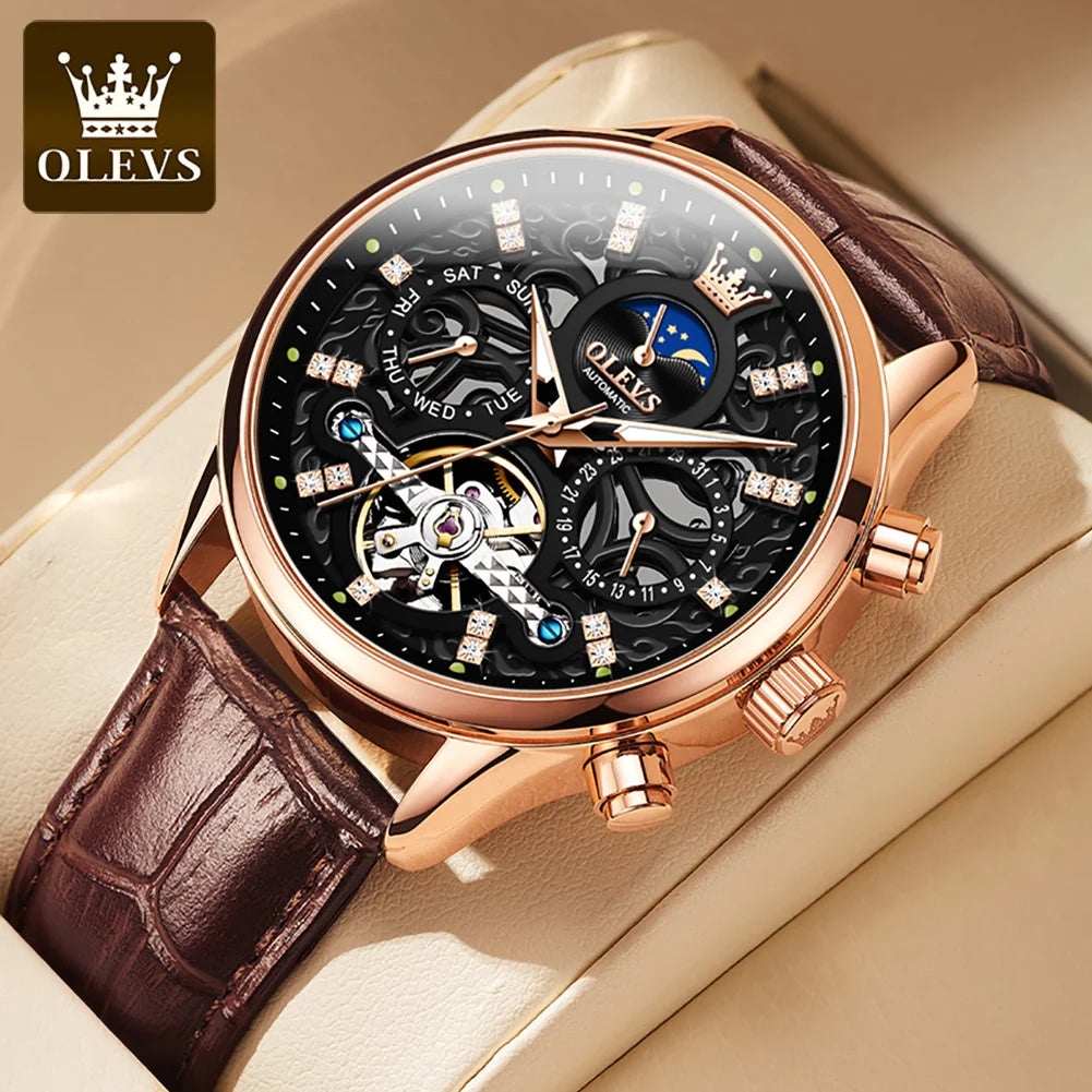 OLEVS 6658 Mens Watch Business Leather Strap Reloj  Hollow out Mechanical Automatic Wristwatch Waterproof Luminous Watch For Man OLEVS Official Watch Store