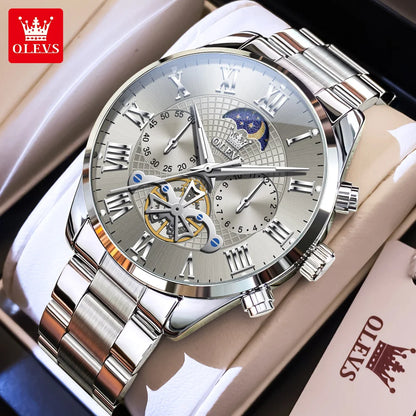 OLEVS 3640 Moon Phase Roman Scale Chronograph Stainless Steel Quartz Watch - OLEVS
