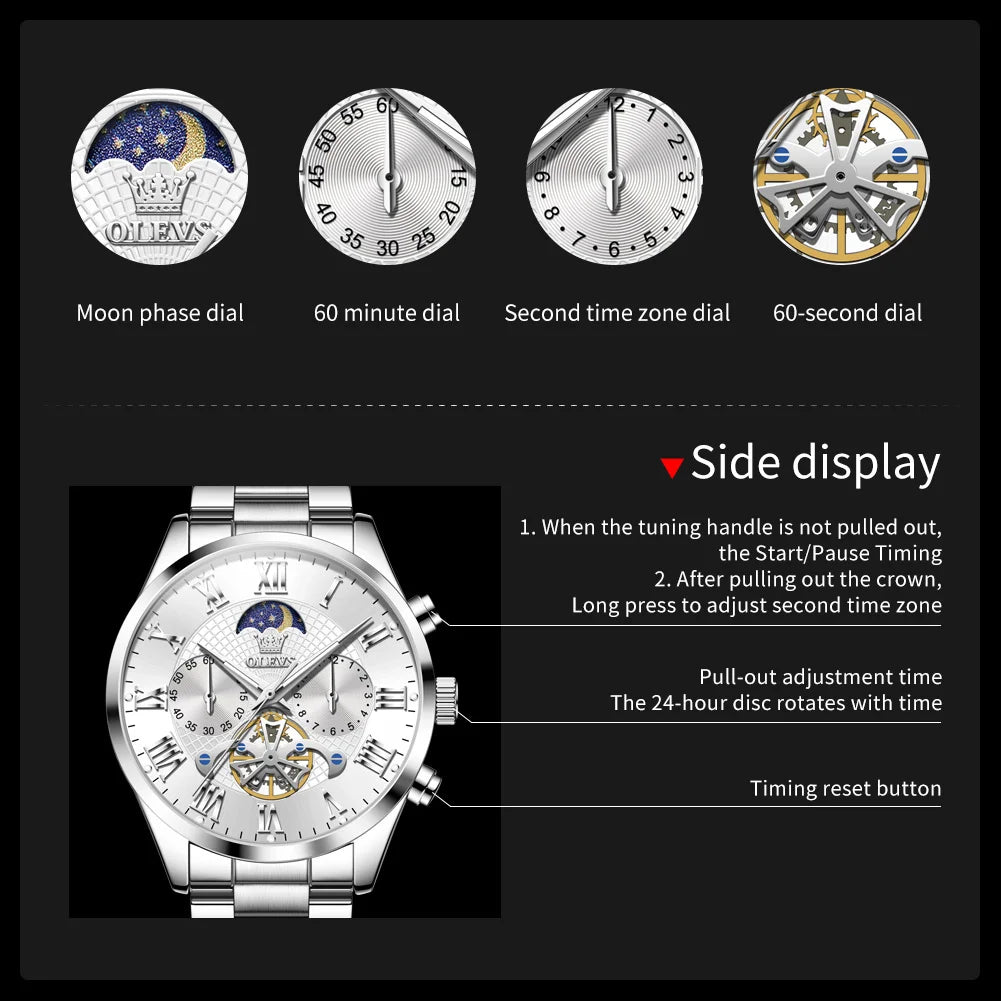 OLEVS 3640 Moon Phase Roman Scale Chronograph Stainless Steel Quartz Watch - OLEVS