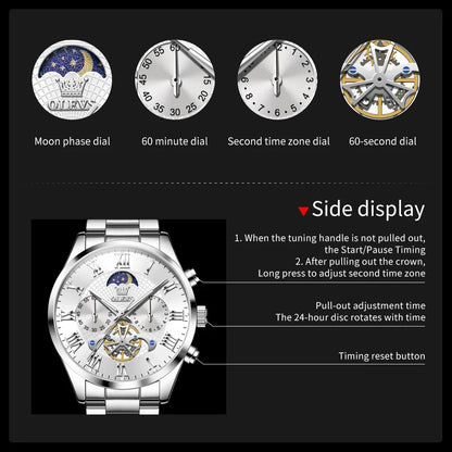 OLEVS 3640 Moon Phase Roman Scale Chronograph Stainless Steel Quartz Watch - OLEVS