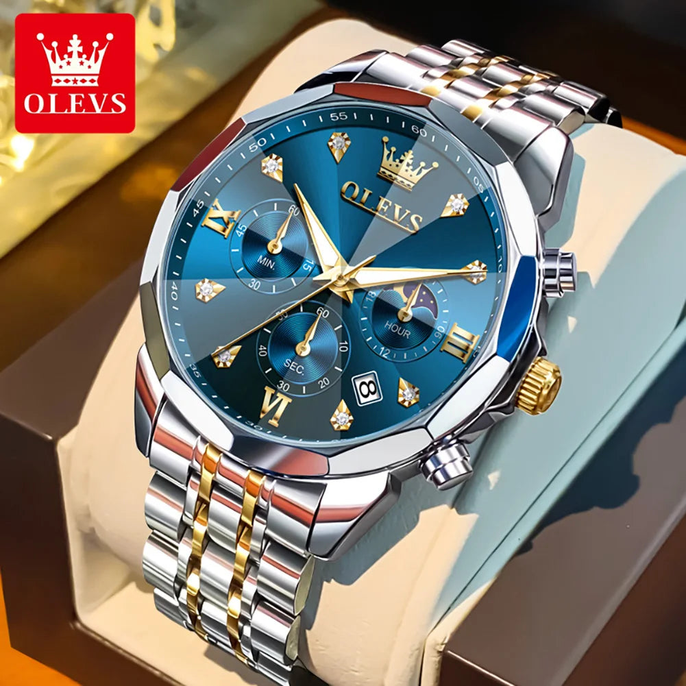 Luxury watch with blue face and silver and gold accents, featuring the OLEVS brand.