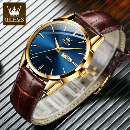 OLEVS 6898 Quartz Genuine Leather Strap Watch - OLEVS