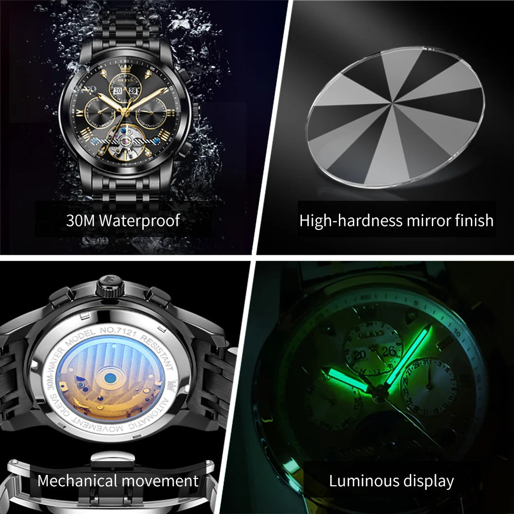OLEVS 7121 Mechanical Men's Watches Fashion Skeleton Flywheel Rhombus Mirror Luminous Waterproof Luxury Automatic Man Watch New OLEVS Official Watch Store
