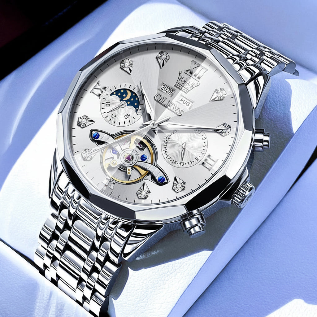OLEVS 6621 Diamond Mirror Automatic Skeleton Moon Phase Wristwatch - OLEVS