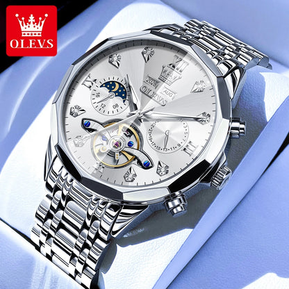 OLEVS 6621 Diamond Mirror Automatic Skeleton Moon Phase Wristwatch - OLEVS