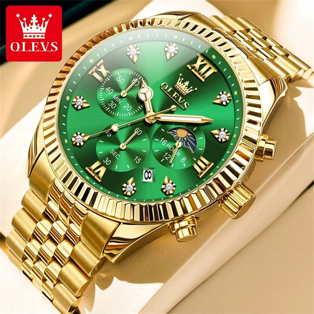 OLEVS 2932 Luxury Gold Watch Multifunctional Lunar Phase Dial Single Calendar Window Hourly Timing Quartz Movement Classic Luminous Function 30M Waterproof Watch For Men OLEVS Official Watch Store