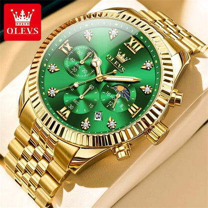 OLEVS 2932 Luxury Gold Watch Multifunctional Lunar Phase Dial Single Calendar Window Hourly Timing Quartz Movement Classic Luminous Function 30M Waterproof Watch For Men OLEVS Official Watch Store