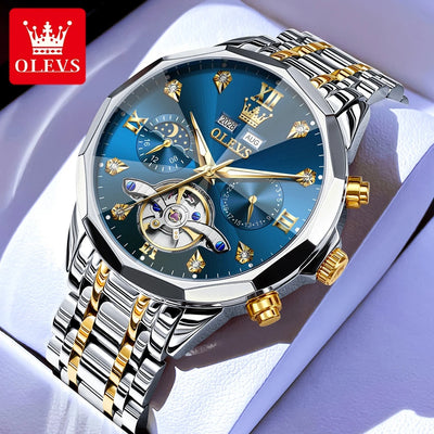 OLEVS 6621 Diamond Mirror Automatic Skeleton Moon Phase Wristwatch - OLEVS