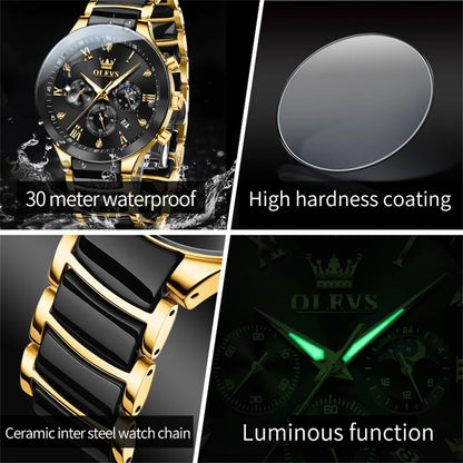 OLEVS 7004 Luminous Ceramic, Steel Strips Moon Phase Quartz Watch - OLEVS