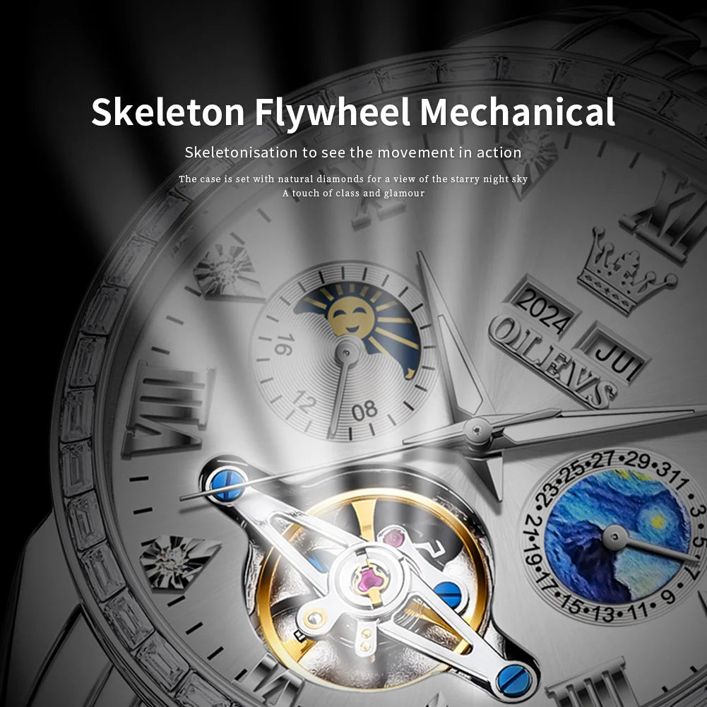 OLEVS 6712 Skeleton Flywheel Calendar Moon Phase Diamond Bezel Watch - OLEVS