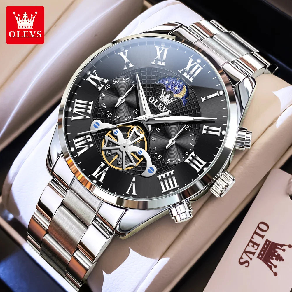 OLEVS 3640 Moon Phase Roman Scale Chronograph Stainless Steel Quartz Watch - OLEVS