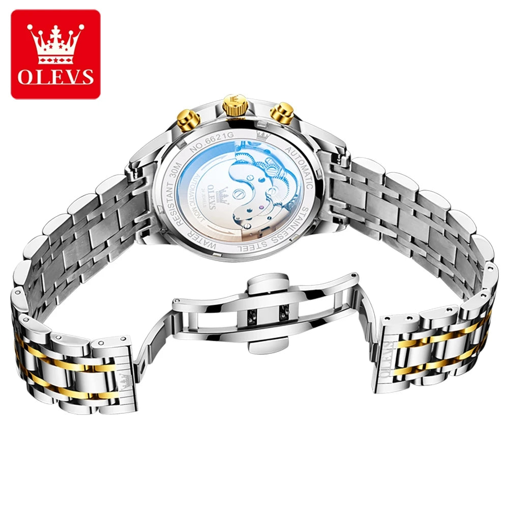 OLEVS 6621 Diamond Mirror Automatic Skeleton Moon Phase Wristwatch - OLEVS