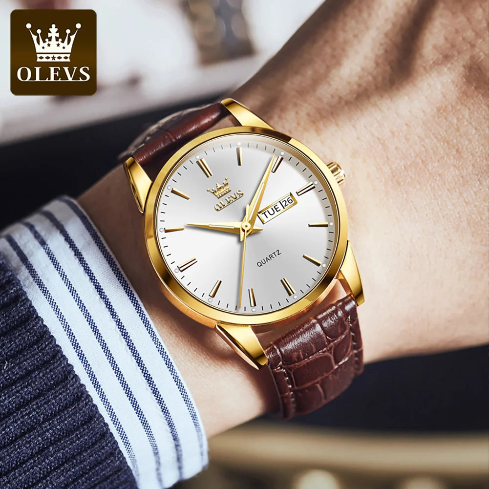 OLEVS 6898 Quartz Genuine Leather Strap Watch - OLEVS