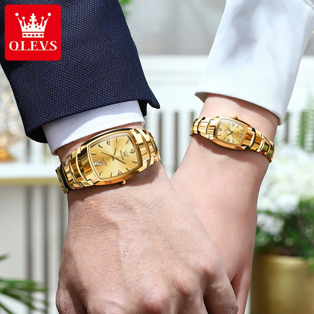 OLEVS 7006 Tonneau Tungsten Steel Couple Watch for Men Women Luxury Brand Quartz Lover's Watch His or Hers Waterproof Wristwatch OLEVS Official Watch Store