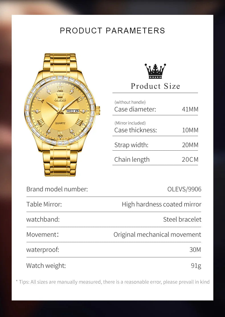 OLEVS 9906 Quartz Men's Watch Gold Diamond - OLEVS