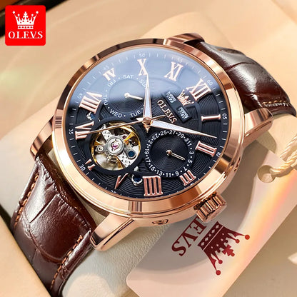 OLEVS 6668 Chronograph Moon Phase Calendar Leather Strap Quartz Watch - OLEVS