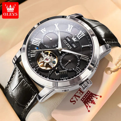 OLEVS 6668 Chronograph Moon Phase Calendar Leather Strap Quartz Watch - OLEVS