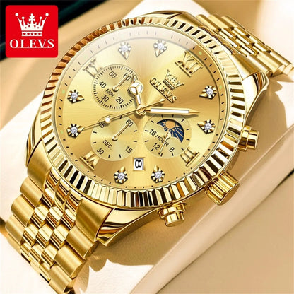 OLEVS 2932 Luxury Gold Watch Multifunctional Lunar Phase Dial Single Calendar Window Hourly Timing Quartz Movement Classic Luminous Function 30M Waterproof Watch For Men OLEVS Official Watch Store
