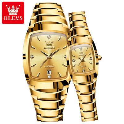OLEVS 7006 Tonneau Tungsten Steel Couple Watch for Men Women Luxury Brand Quartz Lover's Watch His or Hers Waterproof Wristwatch OLEVS Official Watch Store