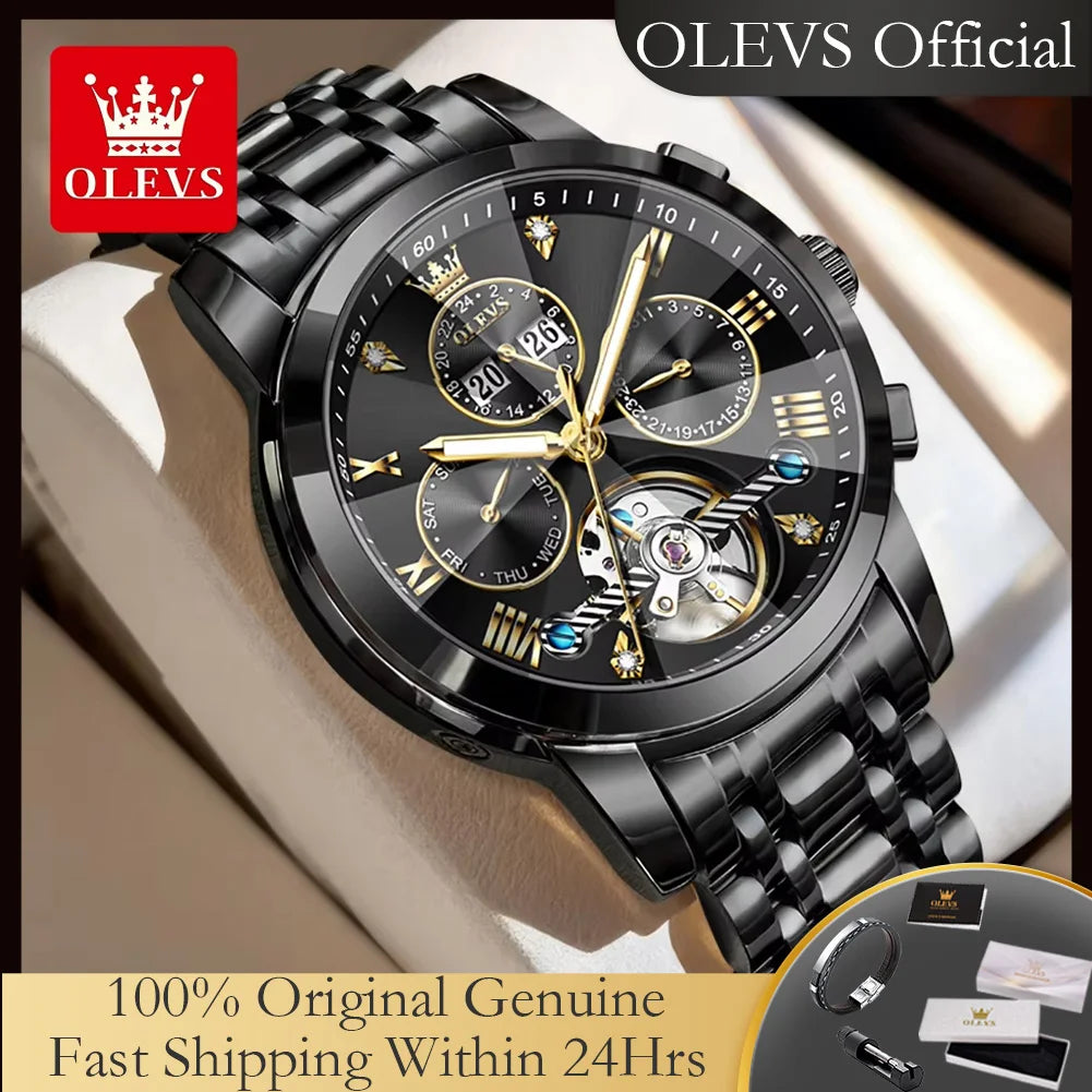 OLEVS 7121 Mechanical Men's Watches Fashion Skeleton Flywheel Rhombus Mirror Luminous Waterproof Luxury Automatic Man Watch New OLEVS Official Watch Store