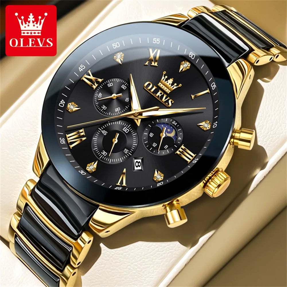 OLEVS 7004 Luminous Ceramic, Steel Strips Moon Phase Quartz Watch - OLEVS