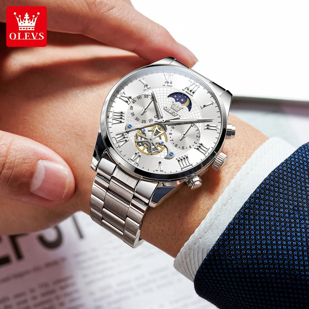 OLEVS 3640 Moon Phase Roman Scale Chronograph Stainless Steel Quartz Watch - OLEVS
