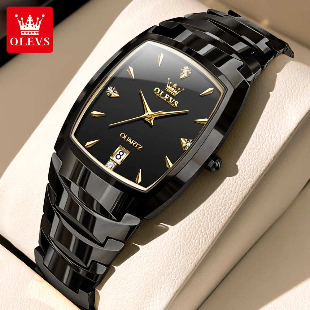 OLEVS 7006 Tonneau Tungsten Steel Couple Watch for Men Women Luxury Brand Quartz Lover's Watch His or Hers Waterproof Wristwatch OLEVS Official Watch Store