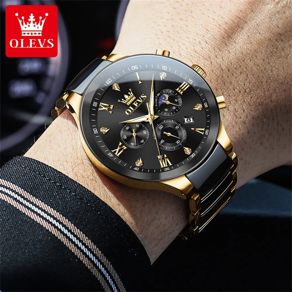 OLEVS 7004 Luminous Ceramic, Steel Strips Moon Phase Quartz Watch - OLEVS
