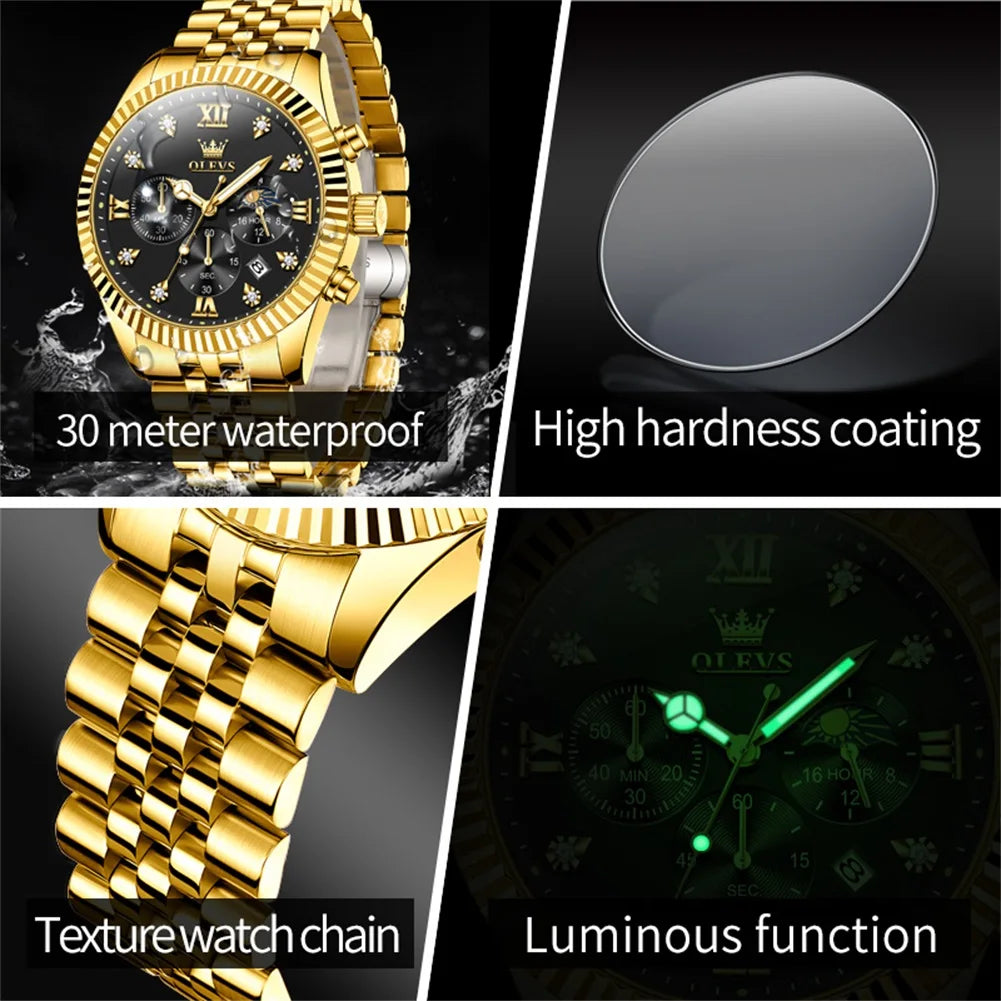 OLEVS 2932 Luxury Gold Watch Multifunctional Lunar Phase Dial Single Calendar Window Hourly Timing Quartz Movement Classic Luminous Function 30M Waterproof Watch For Men OLEVS Official Watch Store