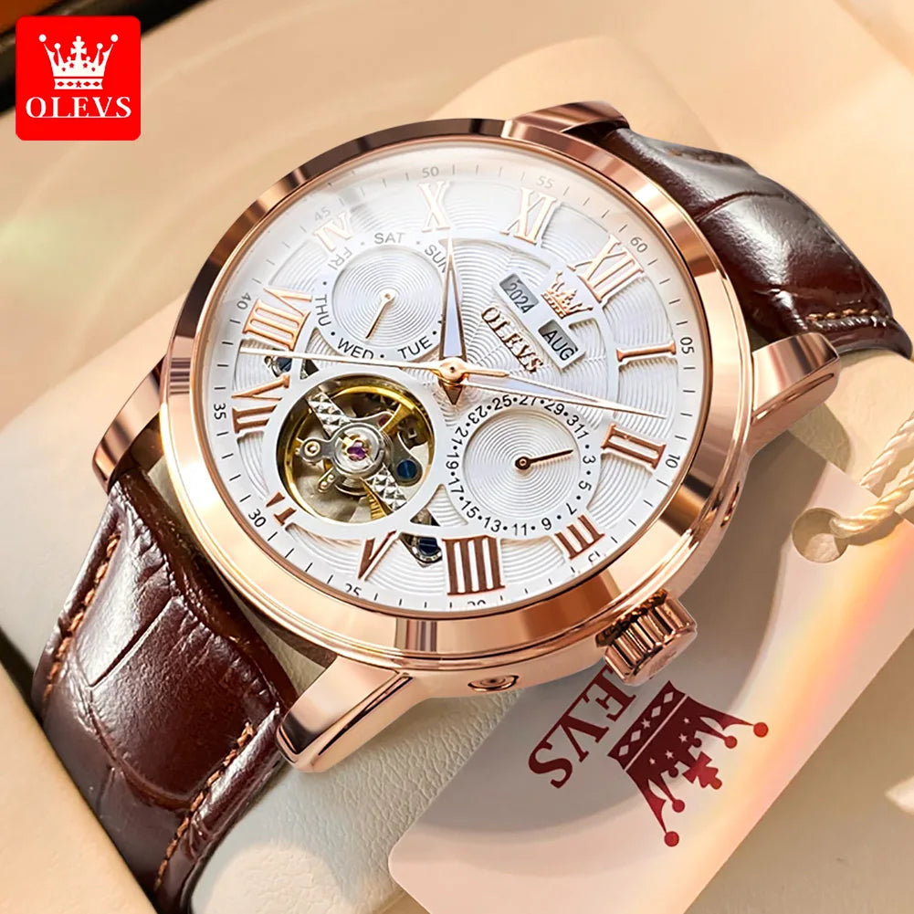 OLEVS 6668 Chronograph Moon Phase Calendar Leather Strap Quartz Watch - OLEVS