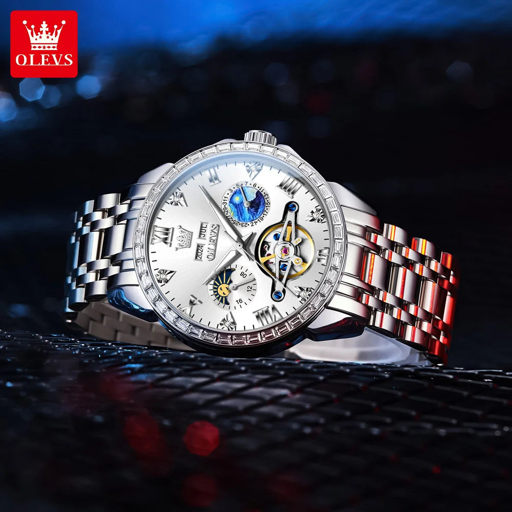 OLEVS 6712 Skeleton Flywheel Calendar Moon Phase Diamond Bezel Watch - OLEVS