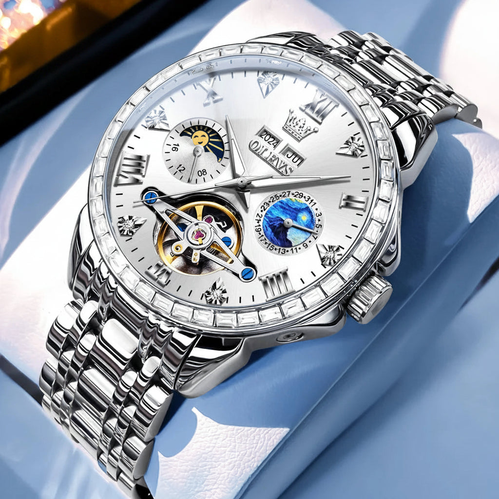 OLEVS 6712 Skeleton Flywheel Calendar Moon Phase Diamond Bezel Watch - OLEVS