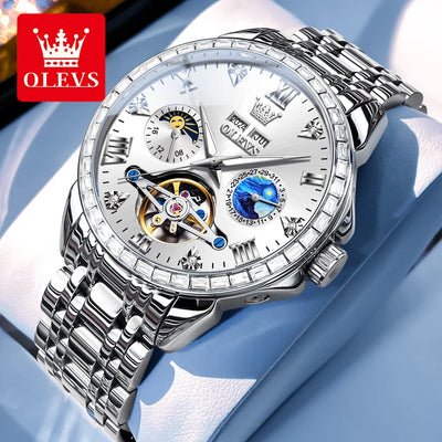 OLEVS 6712 Skeleton Flywheel Calendar Moon Phase Diamond Bezel Watch - OLEVS
