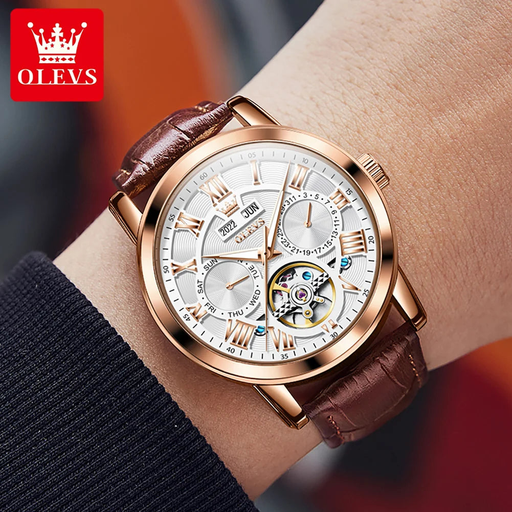 OLEVS 6668 Chronograph Moon Phase Calendar Leather Strap Quartz Watch - OLEVS