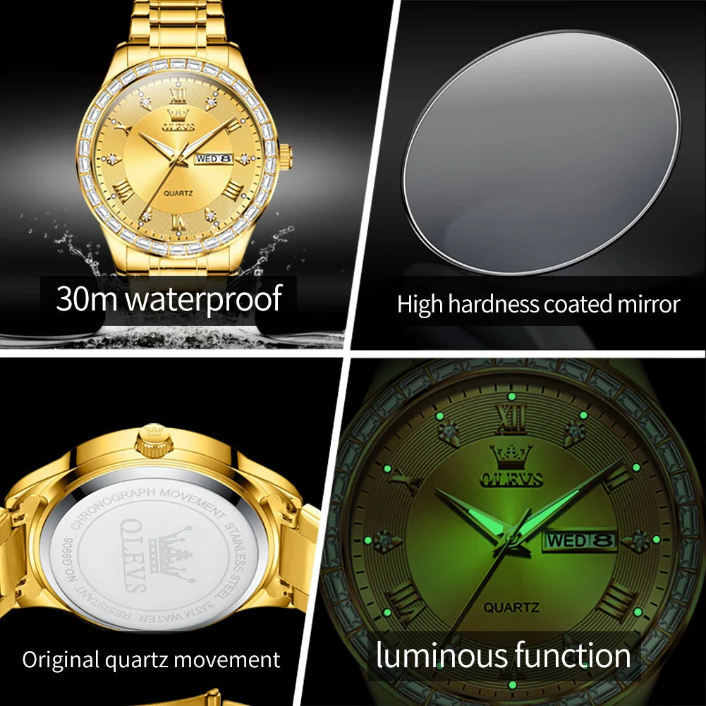 OLEVS 9906 Quartz Men's Watch Gold Diamond - OLEVS