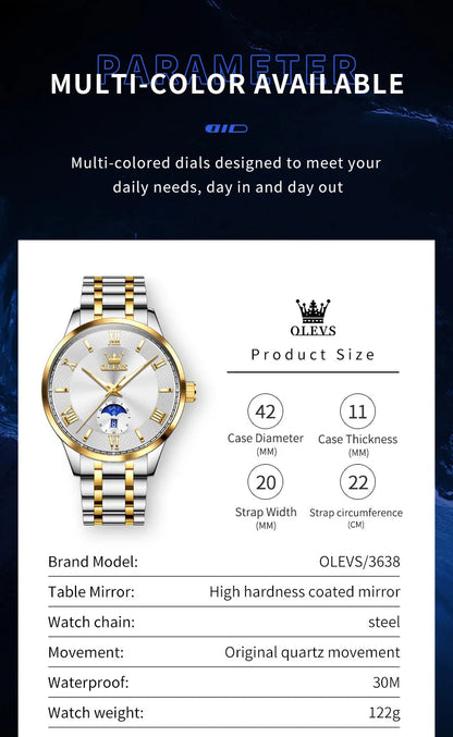OLEVS 3638 Mens Quartz Watch Stainless Steel Luxury OLEVS