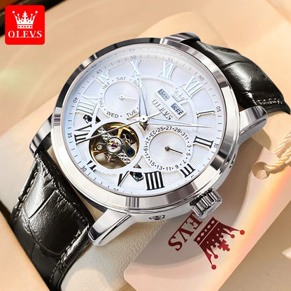 OLEVS 6668 Chronograph Moon Phase Calendar Leather Strap Quartz Watch - OLEVS