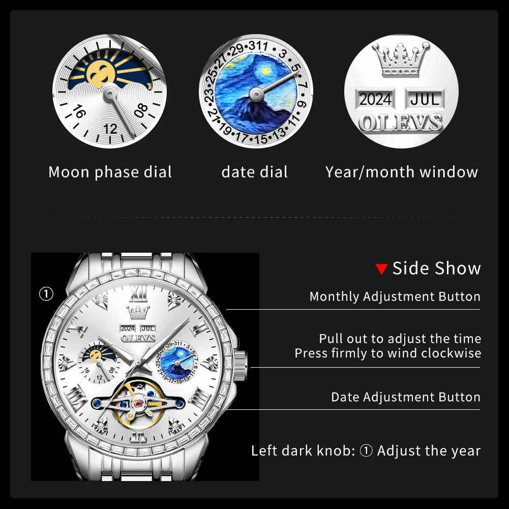 OLEVS 6712 Skeleton Flywheel Calendar Moon Phase Diamond Bezel Watch - OLEVS