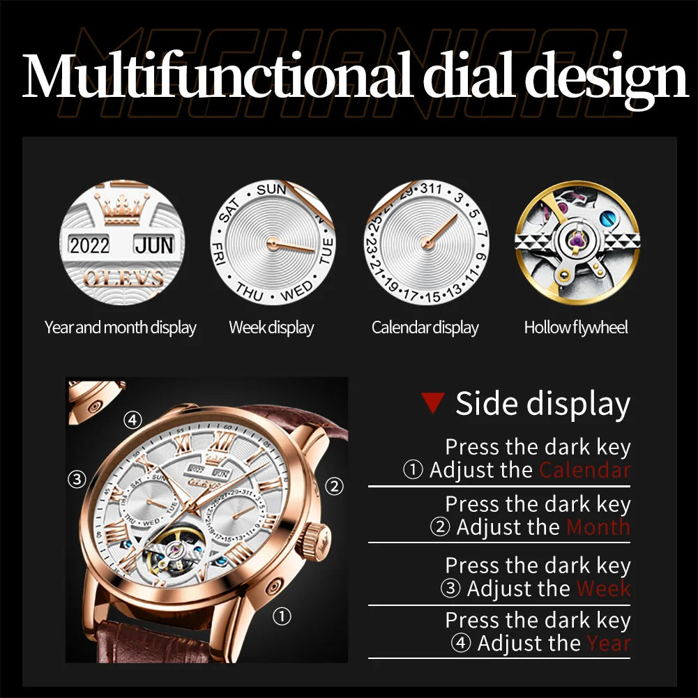 OLEVS 6668 Chronograph Moon Phase Calendar Leather Strap Quartz Watch - OLEVS