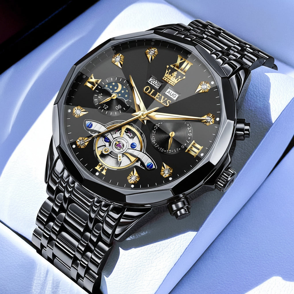 OLEVS 6621 Diamond Mirror Automatic Skeleton Moon Phase Wristwatch - OLEVS