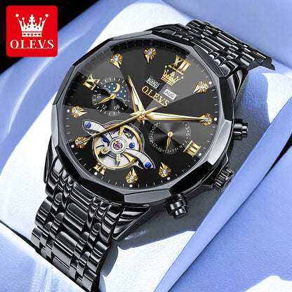 OLEVS 6621 Diamond Mirror Automatic Skeleton Moon Phase Wristwatch - OLEVS