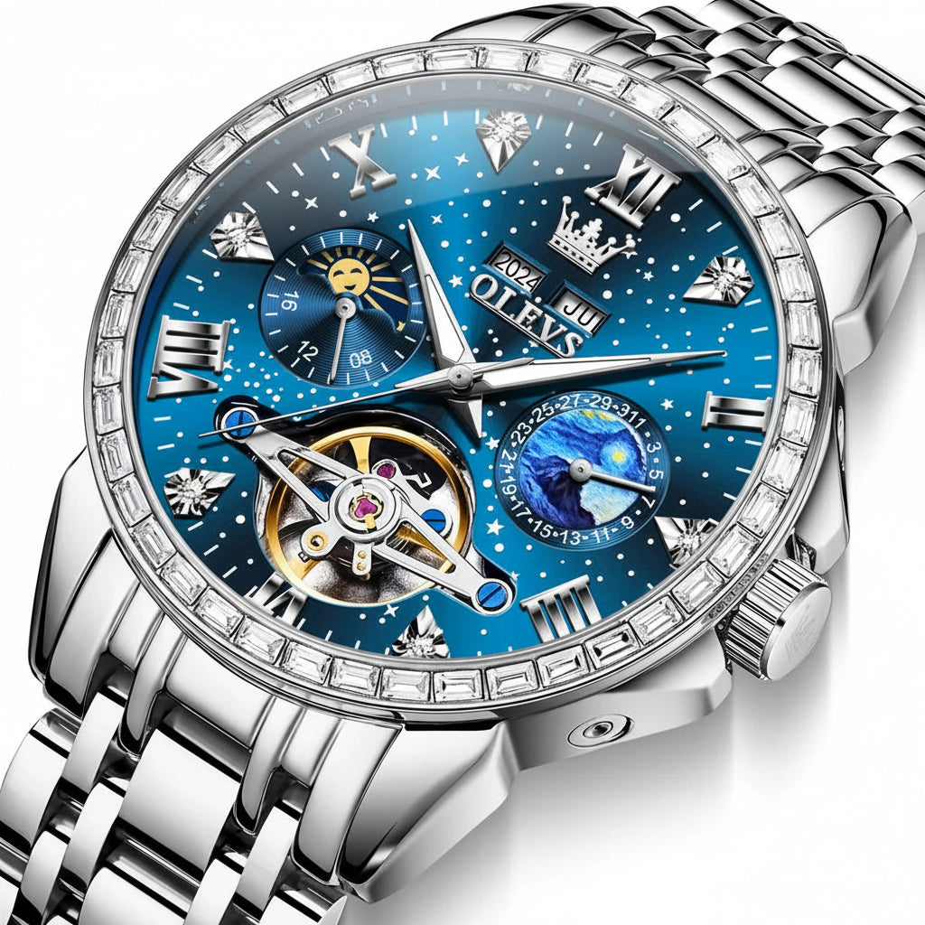 OLEVS 6712 Skeleton Flywheel Calendar Moon Phase Diamond Bezel Watch - OLEVS