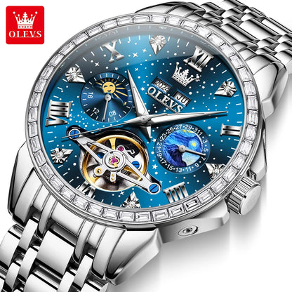 OLEVS 6712 Skeleton Flywheel Calendar Moon Phase Diamond Bezel Watch - OLEVS