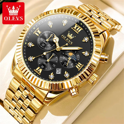 OLEVS 2932 Luxury Gold Watch Multifunctional Lunar Phase Dial Single Calendar Window Hourly Timing Quartz Movement Classic Luminous Function 30M Waterproof Watch For Men OLEVS Official Watch Store