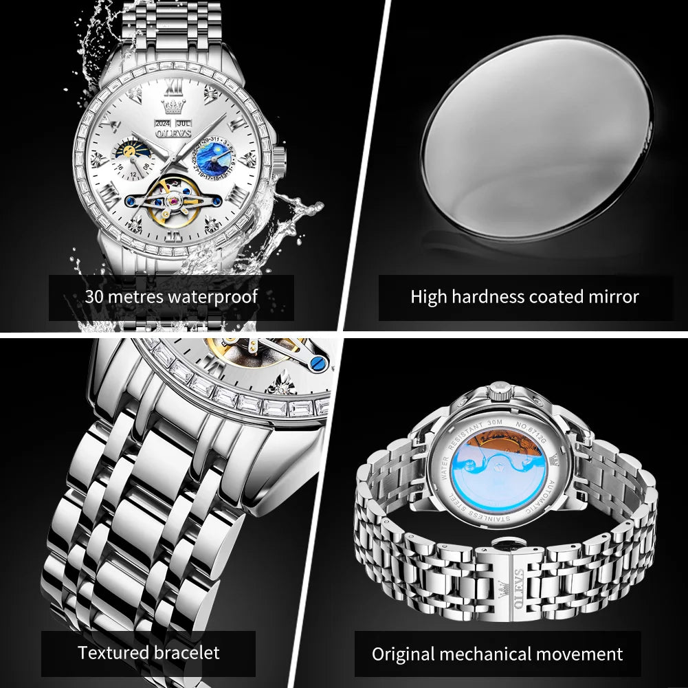 OLEVS 6712 Skeleton Flywheel Calendar Moon Phase Diamond Bezel Watch - OLEVS