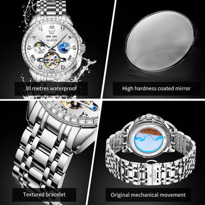 OLEVS 6712 Skeleton Flywheel Calendar Moon Phase Diamond Bezel Watch - OLEVS