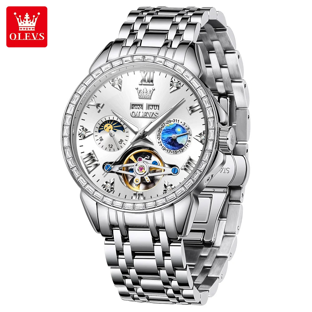 OLEVS 6712 Skeleton Flywheel Calendar Moon Phase Diamond Bezel Watch - OLEVS